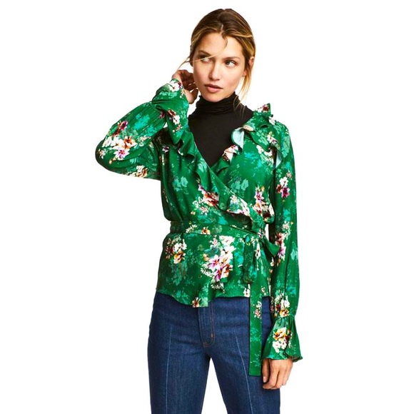 H&M Floral Ruffle Tie Up Blouse Green Floral Size 12 - Picture 1 of 9